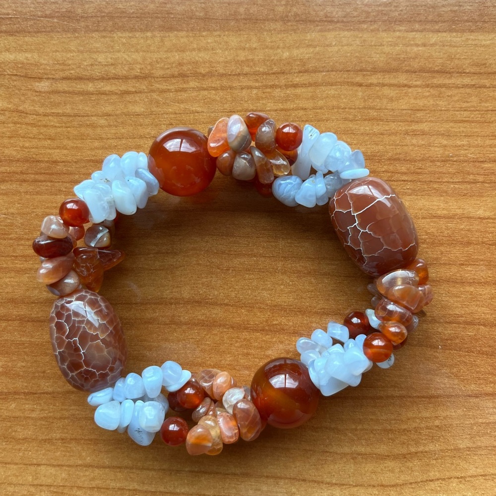 Handmade Carnelian and Blue Chalcedony Beaded Stretch Bracelet